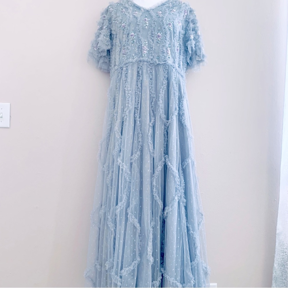 Ivy City Co Lilac/Gray Floral Beaded Ruffled Swiss Dot Maxi Tulle Dress.